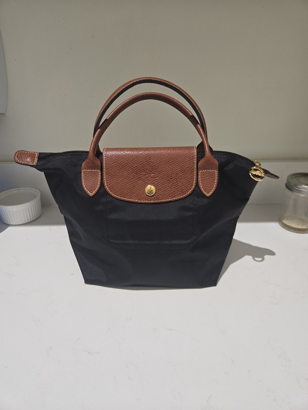Longchamp Black Nylon Tote with Brown Leather Trim. Small- Very New!
